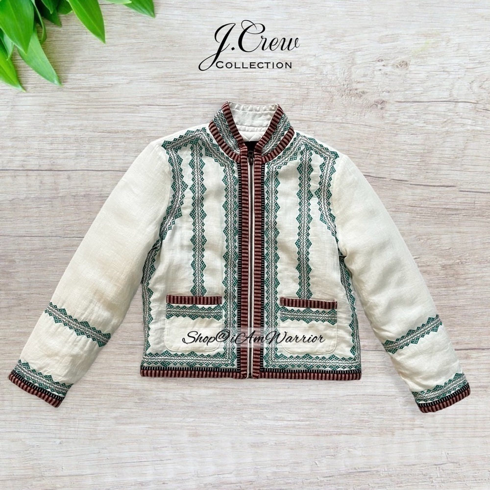 J.Crew Collection NWT Embroidered Boho Ribbon Trim Zip Front Ivory Linen Jacket - Picture 4 of 11